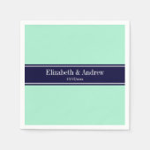 Solid Light Mint, Navy Blue Ribbon Name Monogram Servetten (Voorkant)