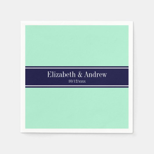 Solid Light Mint, Navy Blue Ribbon Name Monogram Servetten (Voorkant)