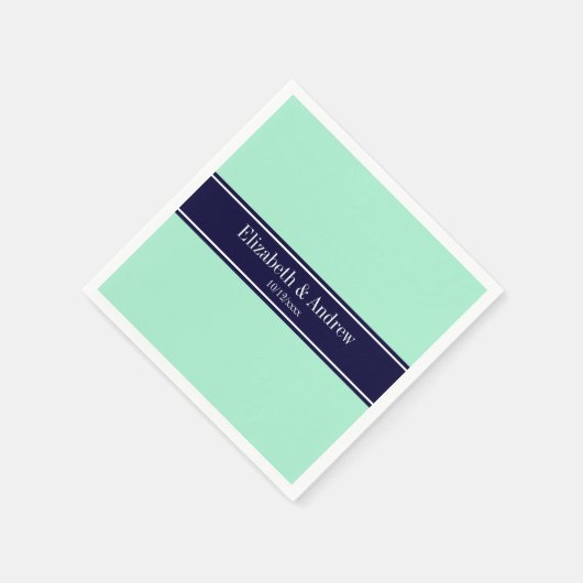 Solid Light Mint, Navy Blue Ribbon Name Monogram Servetten (Hoek)