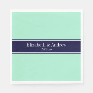 Solid Light Mint, Navy Blue Ribbon Name Monogram Servetten