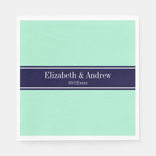 Solid Light Mint, Navy Blue Ribbon Name Monogram Servetten (Voorkant)