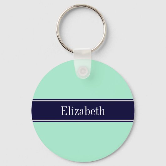 Solid Light Mint, Navy Blue Ribbon Name Monogram Sleutelhanger (Voorkant)