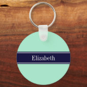 Solid Light Mint, Navy Blue Ribbon Name Monogram Sleutelhanger (Voorkant)