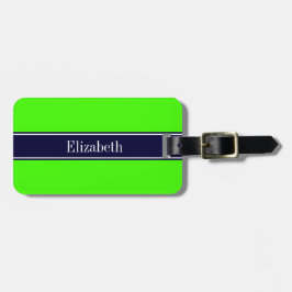 Solid Lime Green, Navy Blue Ribbon Name Monogram Bagagelabel