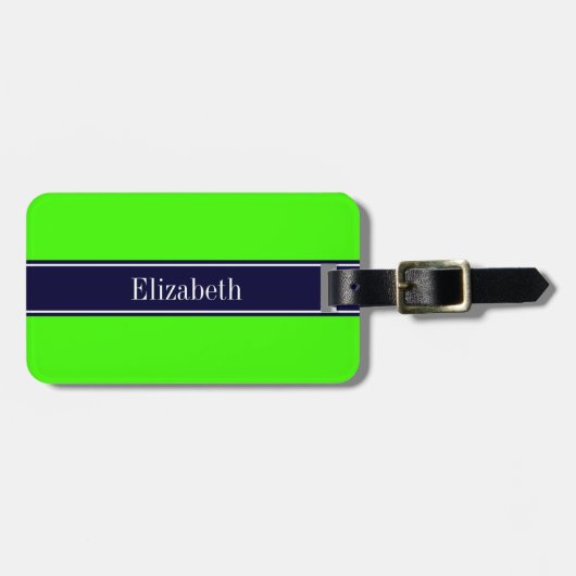 Solid Lime Green, Navy Blue Ribbon Name Monogram Bagagelabel (Voorkant horizontaal)