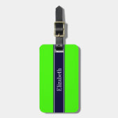 Solid Lime Green, Navy Blue Ribbon Name Monogram Bagagelabel (Voorkant verticaal)
