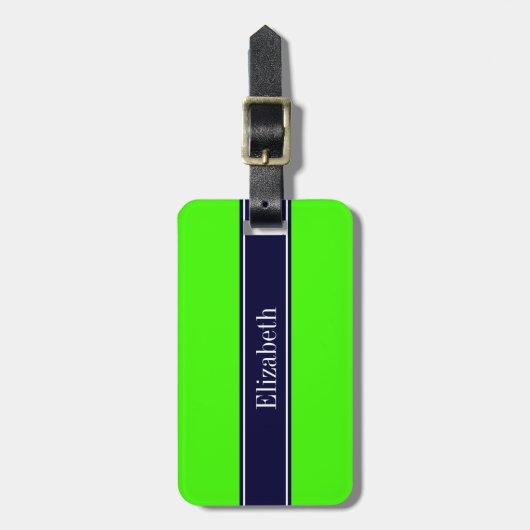 Solid Lime Green, Navy Blue Ribbon Name Monogram Bagagelabel (Voorkant verticaal)