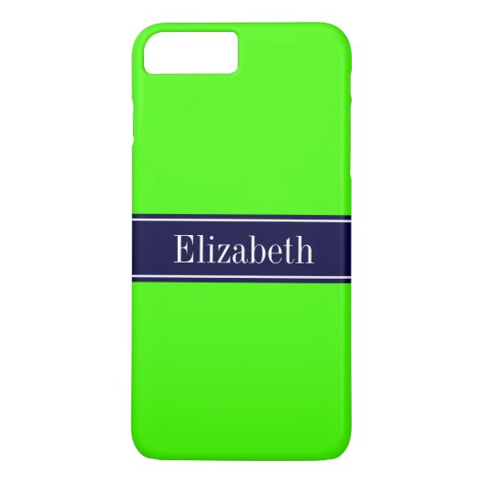 Solid Lime Green, Navy Blue Ribbon Name Monogram Case-Mate iPhone Case (Achterkant)