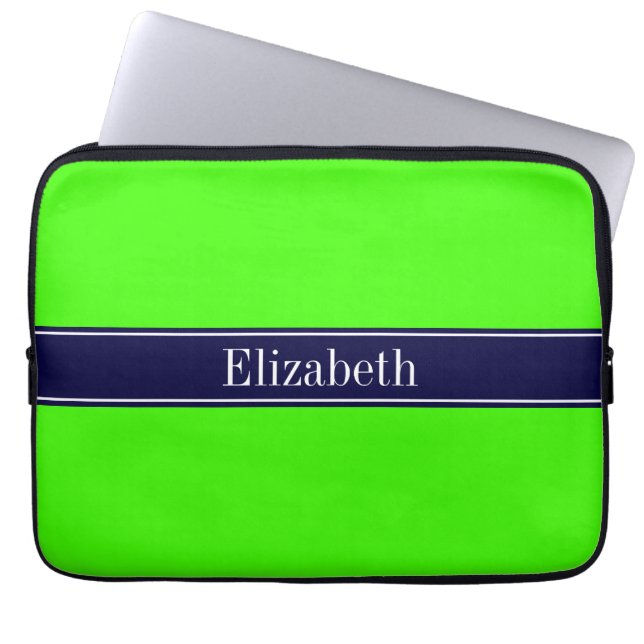 Solid Lime Green, Navy Blue Ribbon Name Monogram Laptop Sleeve (Voorkant)