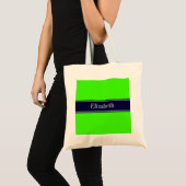 Solid Lime Green, Navy Blue Ribbon Name Monogram Tote Bag (Voorkant (product))