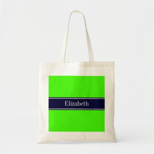 Solid Lime Green, Navy Blue Ribbon Name Monogram Tote Bag (Voorkant)