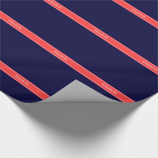 Solid Navy Blue Coral Red Ribbon Naam Monogram Cadeaupapier (Hoek)