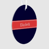 Solid Navy Blue Coral Red Ribbon Naam Monogram Ornament (voorkant)