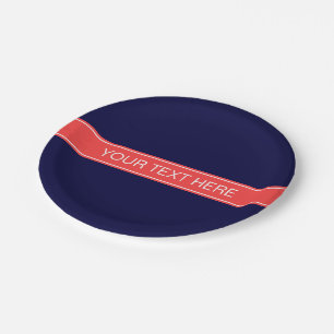 Solid Navy Blue Coral Red Ribbon Naam Monogram Papieren Bordje