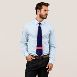 Solid Navy Blue Coral Red Ribbon Naam Monogram Stropdas