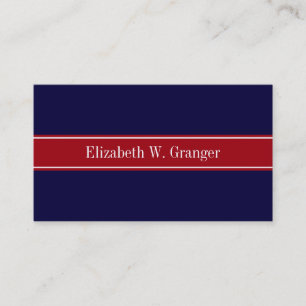 Solid Navy Blue Cranberry Red Ribbon Name Monogram Visitekaartje