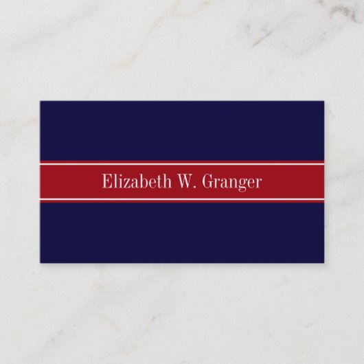 Solid Navy Blue Cranberry Red Ribbon Name Monogram Visitekaartje (Voorkant)