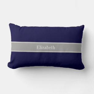 Solid Navy Blue, Dark Grey Ribbon Name Monogram Kussen