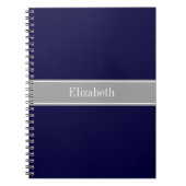 Solid Navy Blue, Dark Grey Ribbon Name Monogram Notitieboek (Voorkant)