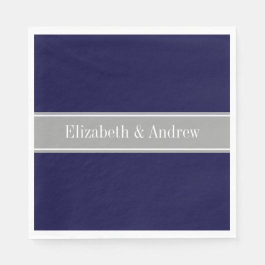 Solid Navy Blue, Dark Grey Ribbon Name Monogram Servetten (Voorkant)