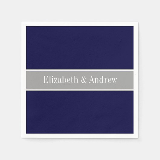 Solid Navy Blue, Dark Grey Ribbon Name Monogram Servetten (Voorkant)