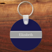Solid Navy Blue, Dark Grey Ribbon Name Monogram Sleutelhanger (Voorkant)