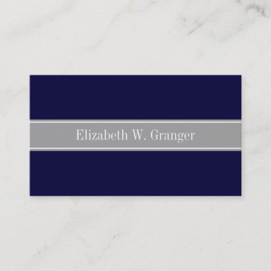 Solid Navy Blue, Dark Grey Ribbon Name Monogram Visitekaartje (Voorkant)