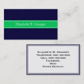 Solid Navy Blue Emerald Green Ribbon Name Monogram Visitekaartje (Voorkant / Achterkant)