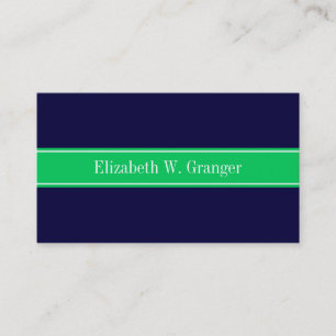 Solid Navy Blue Emerald Green Ribbon Name Monogram Visitekaartje