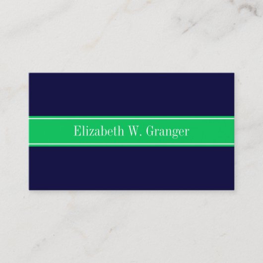Solid Navy Blue Emerald Green Ribbon Name Monogram Visitekaartje (Voorkant)
