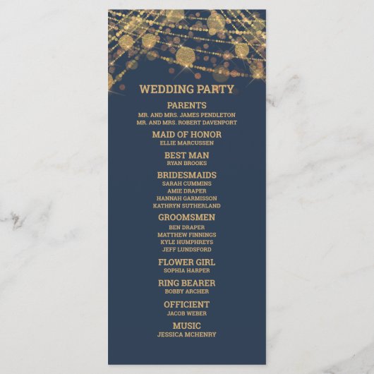 Solid Navy Blue Gold String Lights Wedding Program Programmakaart (Achterkant)