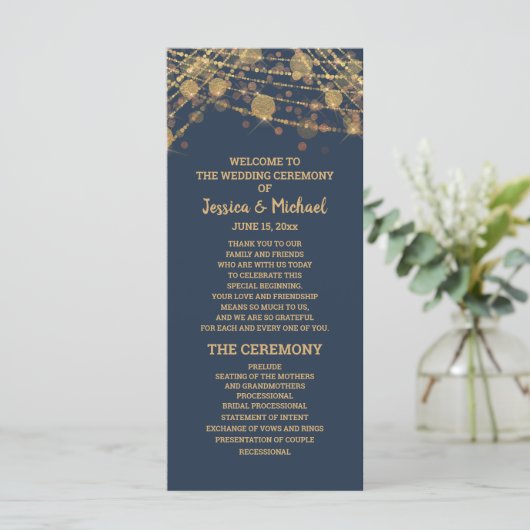 Solid Navy Blue Gold String Lights Wedding Program Programmakaart (Staand voorkant)
