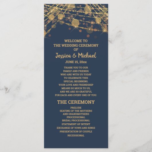 Solid Navy Blue Gold String Lights Wedding Program Programmakaart (Voorkant)