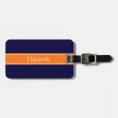 Solid Navy Blue, Pumpkin Ribbon Name Monogram Bagagelabel (Voorkant horizontaal)