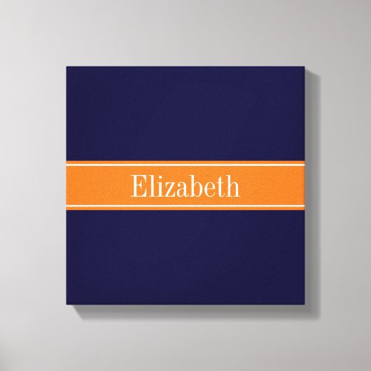 Solid Navy Blue, Pumpkin Ribbon Name Monogram Canvas Afdruk (Voorkant)