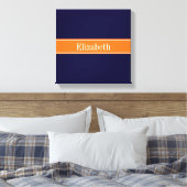 Solid Navy Blue, Pumpkin Ribbon Name Monogram Canvas Afdruk (Insitu (Slaapkamer))
