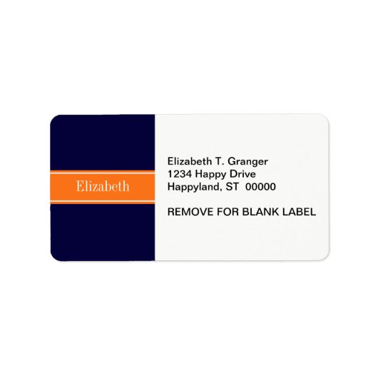 Solid Navy Blue, Pumpkin Ribbon Name Monogram Etiket (Voorkant)