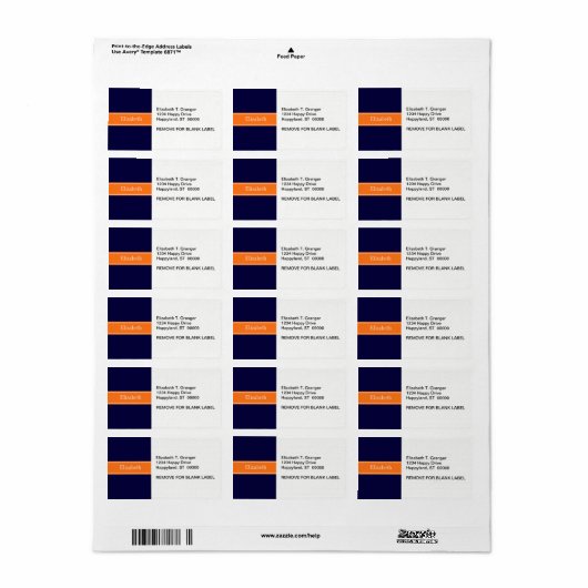 Solid Navy Blue, Pumpkin Ribbon Name Monogram Etiket (Full Sheet)