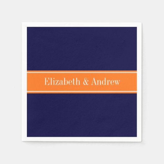 Solid Navy Blue, Pumpkin Ribbon Name Monogram Servetten (Voorkant)