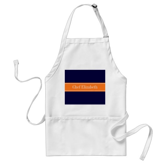 Solid Navy Blue, Pumpkin Ribbon Name Monogram Standaard Schort (Voorkant)