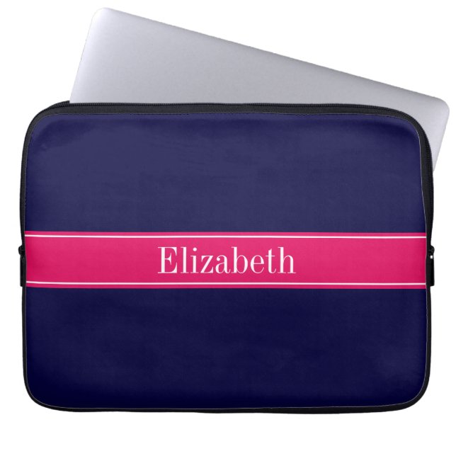 Solid Navy Blue, Raspberry Ribbon Name Monogram Laptop Sleeve (Voorkant)