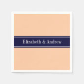 Solid Peach, Navy Blue Ribbon Name Monogram Servetten (Voorkant)