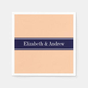 Solid Peach, Navy Blue Ribbon Name Monogram Servetten
