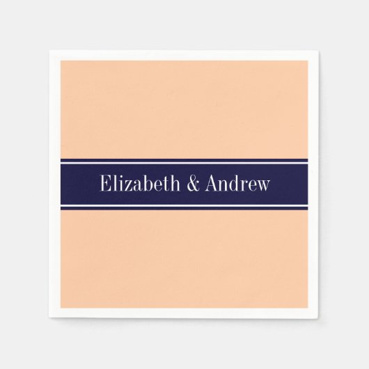 Solid Peach, Navy Blue Ribbon Name Monogram Servetten (Voorkant)