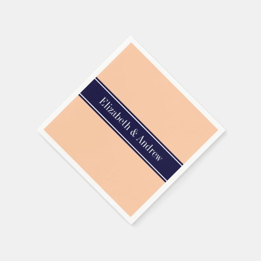 Solid Peach, Navy Blue Ribbon Name Monogram Servetten (Hoek)