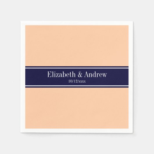 Solid Peach, Navy Blue Ribbon Name Monogram Servetten (Voorkant)