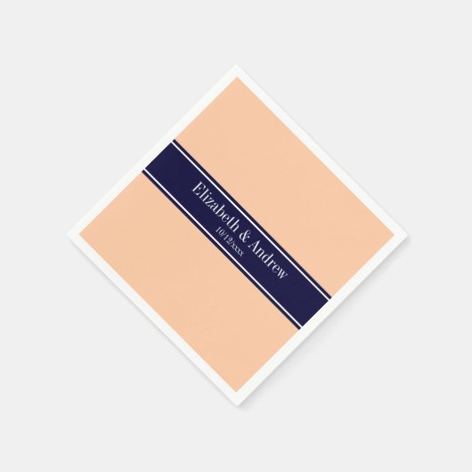 Solid Peach, Navy Blue Ribbon Name Monogram Servetten (Hoek)