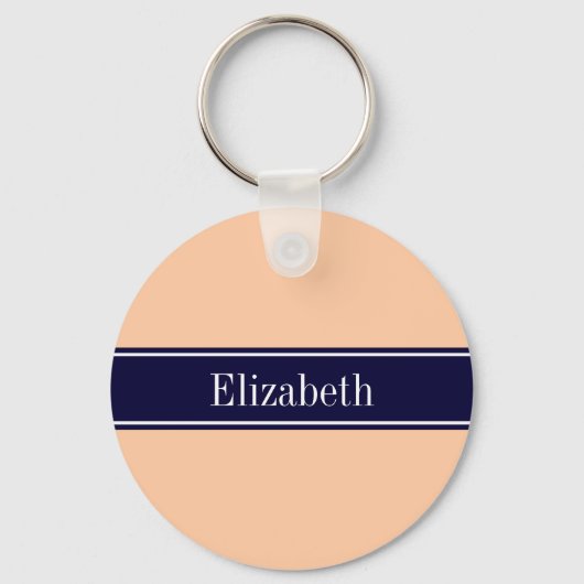 Solid Peach, Navy Blue Ribbon Name Monogram Sleutelhanger (Voorkant)