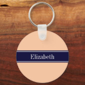 Solid Peach, Navy Blue Ribbon Name Monogram Sleutelhanger (Voorkant)