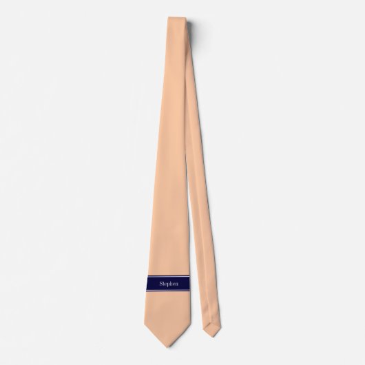 Solid Peach, Navy Blue Ribbon Name Monogram Stropdas (Voorkant)